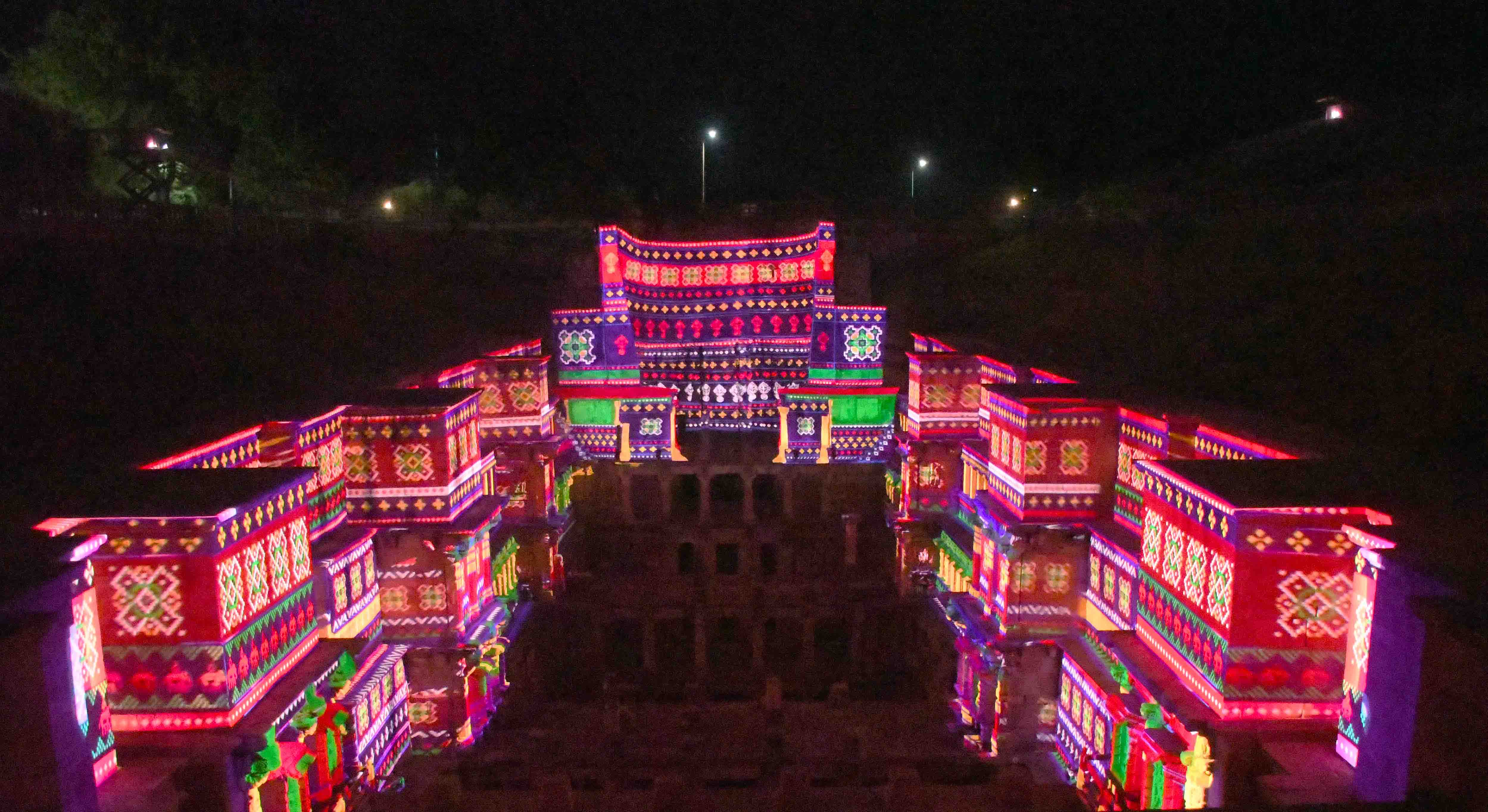 The projections draw their inspiration from Patan Patola textiles, historic water structures, and spiritual symbols